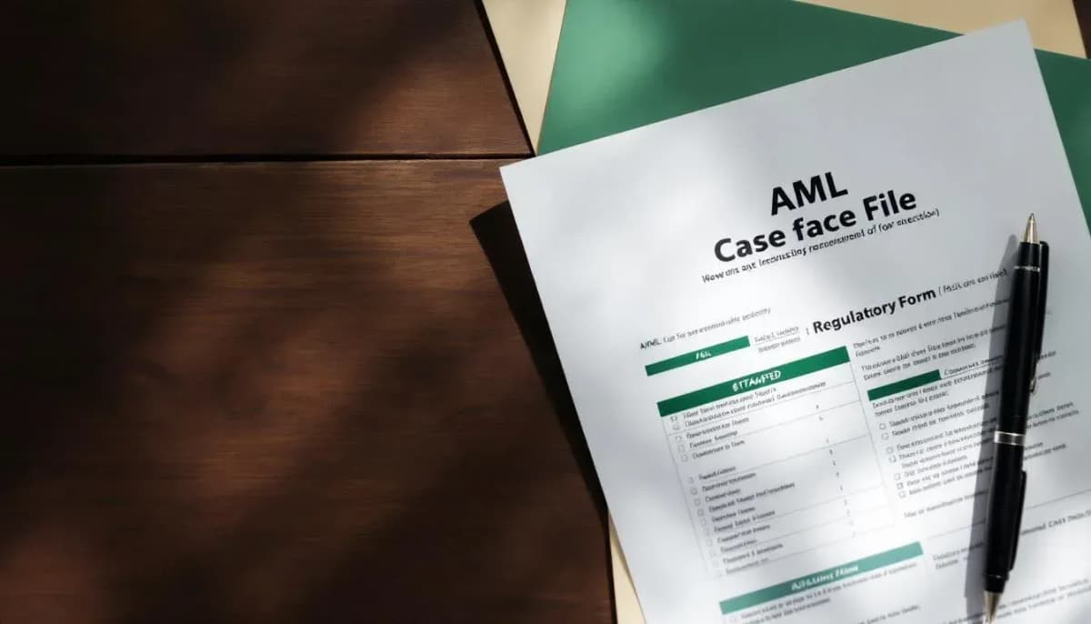 Printed AML case file with a highlighted regulatory form and ballpoint pen on a meeting-room table