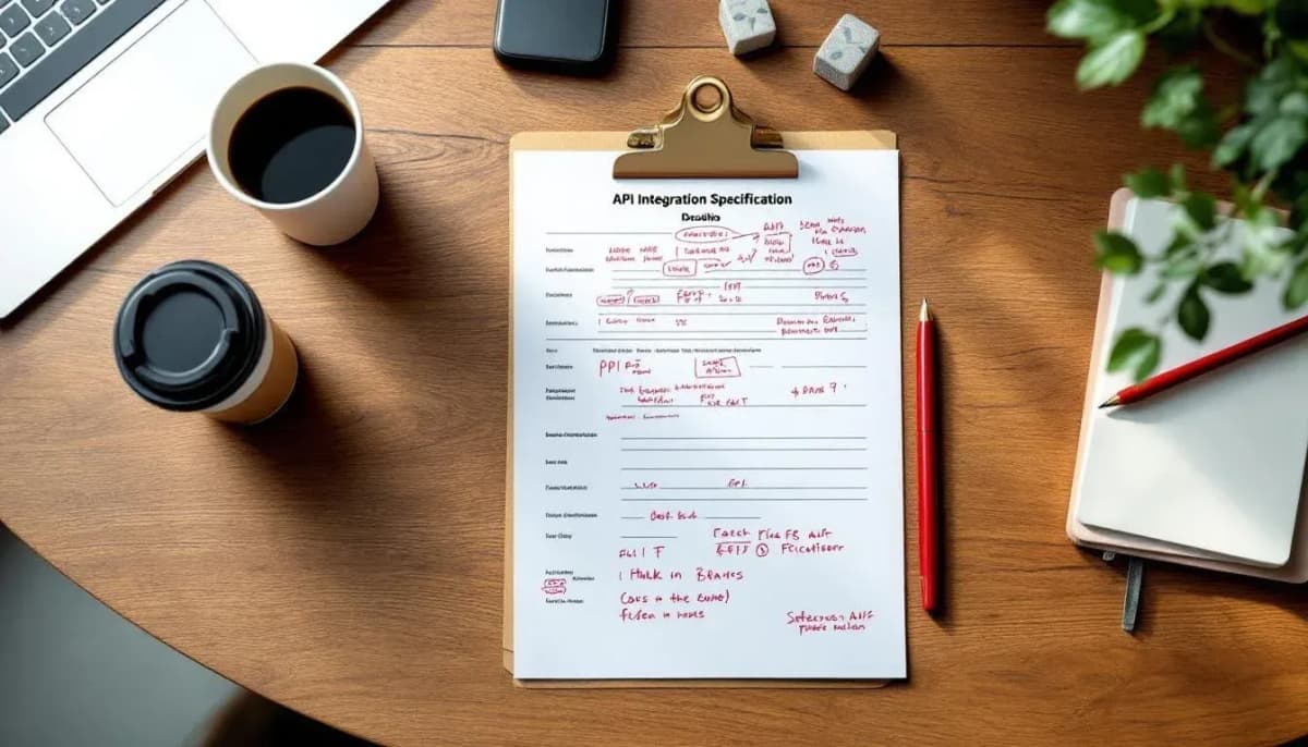 Printed API integration spec with red pen annotations beside a takeaway coffee cup on a wooden desk