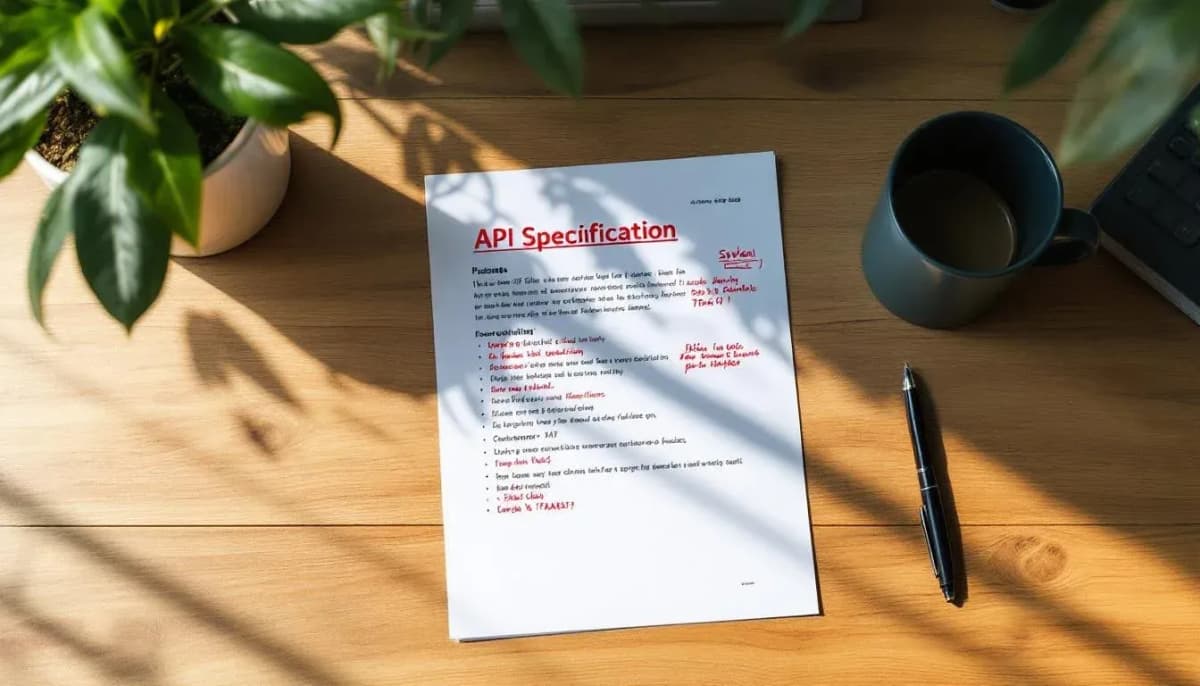 Printed API specification with handwritten red margin notes and a ballpoint pen on a wooden desk