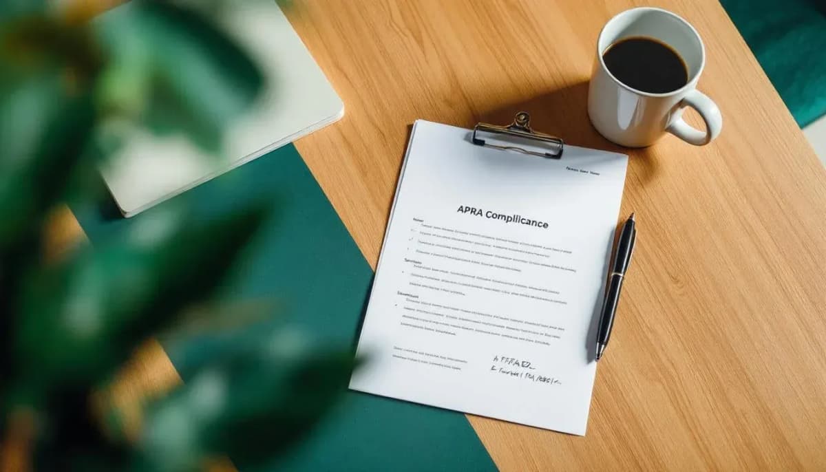 Printed APRA compliance document with handwritten margin notes, a pen, and a coffee mug on a meeting room table