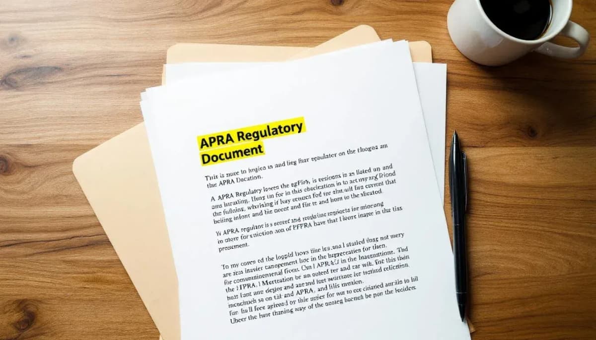 Printed APRA compliance document with highlighted passages and a ballpoint pen on a wooden meeting-room table