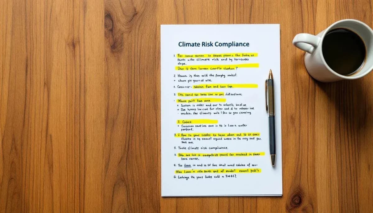 Printed TCFD compliance report with handwritten margin notes and a coffee mug on a wooden conference table
