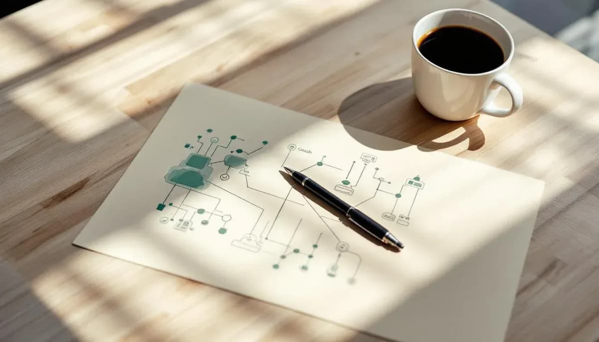 Printed architecture diagram on a wooden meeting table with a pen and coffee mug