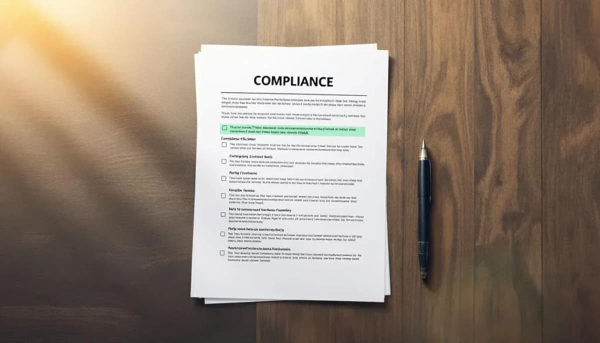 Printed compliance checklist and annotated regulatory document on a wooden meeting-room table
