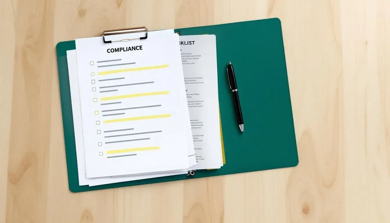 Printed compliance checklist and open policy binder with yellow highlights on a meeting room table