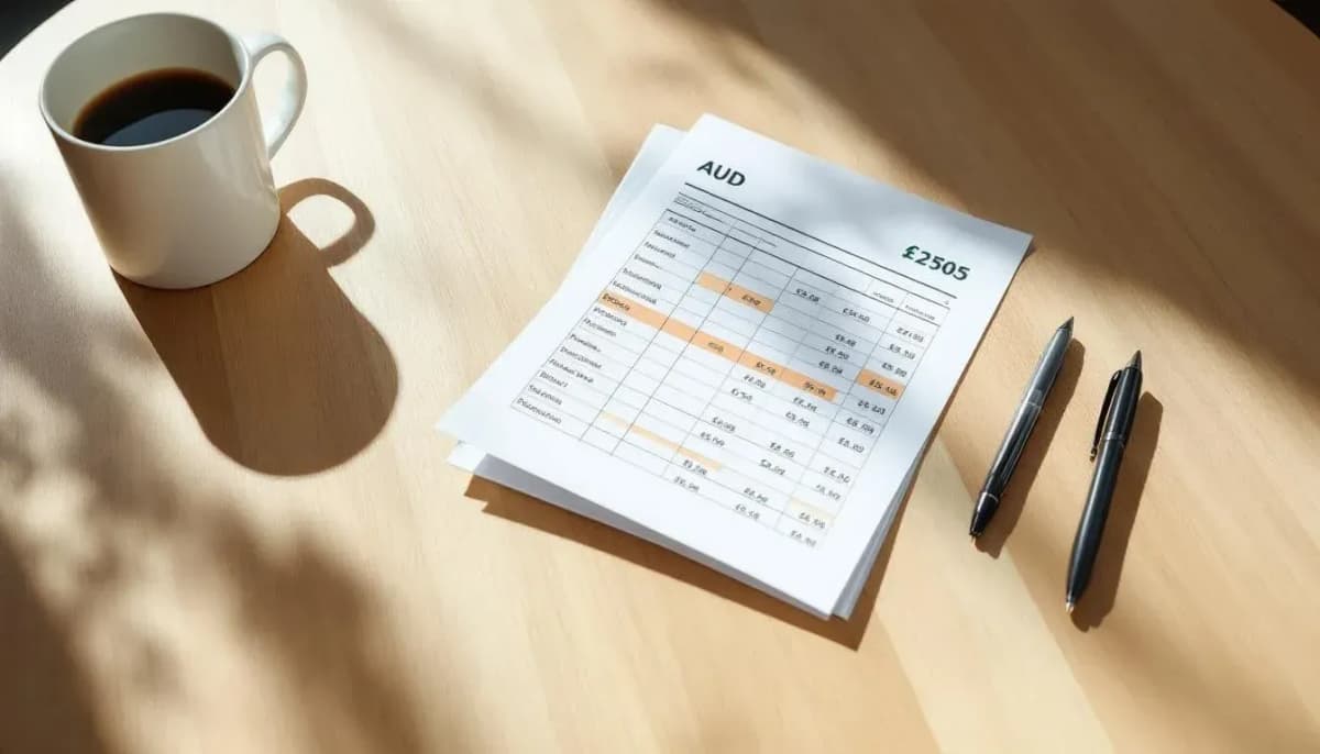Overhead view of a printed financial spreadsheet with highlighted figures, a white coffee mug, and a black pen on a wooden desk