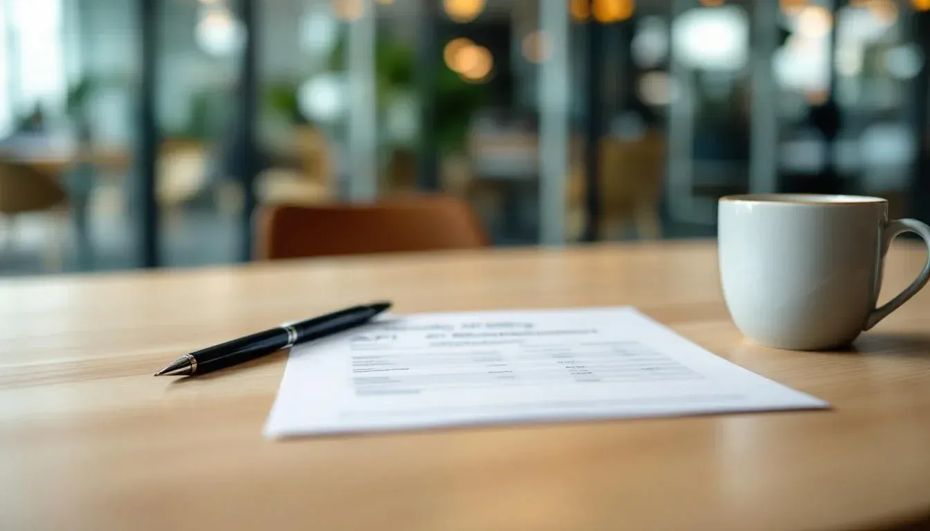 Printed API billing statement on a wooden desk with a pen resting on it and a coffee mug beside it