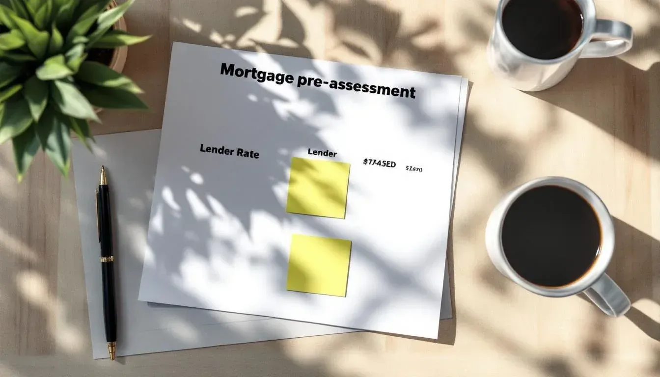Mortgage pre-assessment form and highlighted lender rate sheet on a wooden desk beside a coffee mug and pen