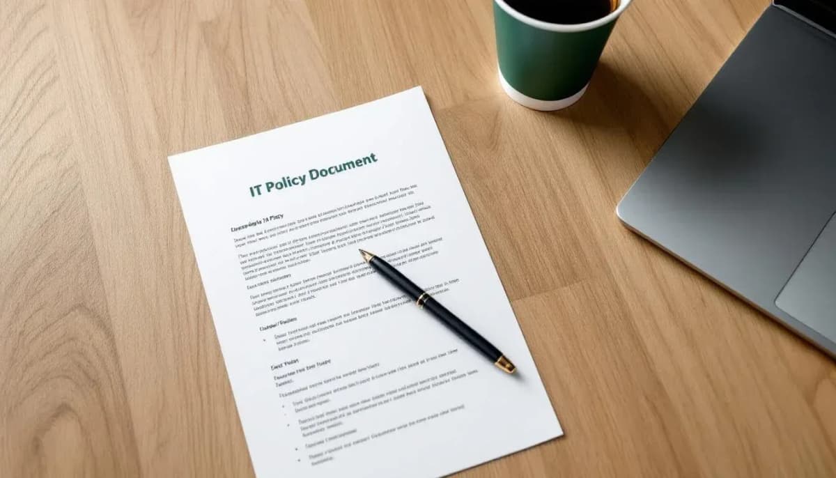 Printed IT policy document on a meeting-room table with a pen resting across it and a takeaway coffee cup nearby