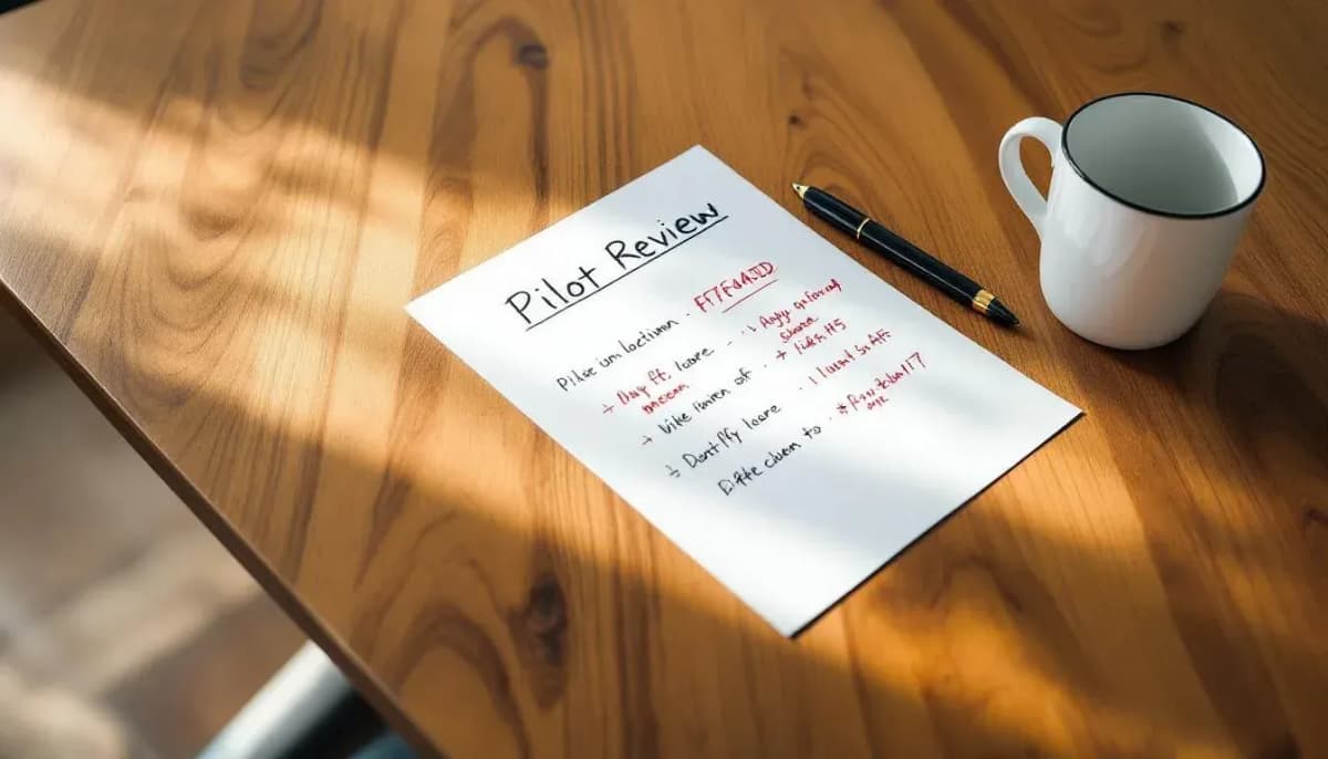 Printed pilot review document with red handwritten annotations and a ballpoint pen on a wooden meeting-room table