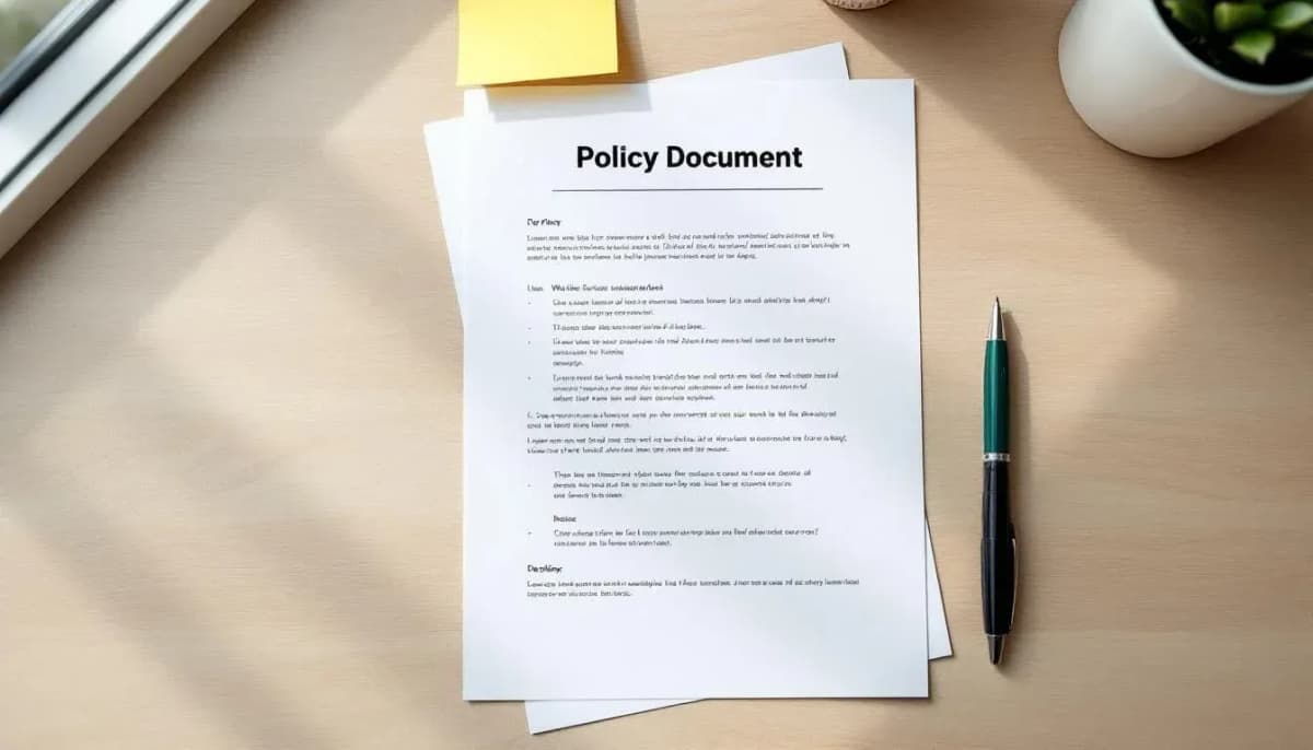 Overhead view of a printed compliance policy document with handwritten margin notes and a ballpoint pen on a wooden desk
