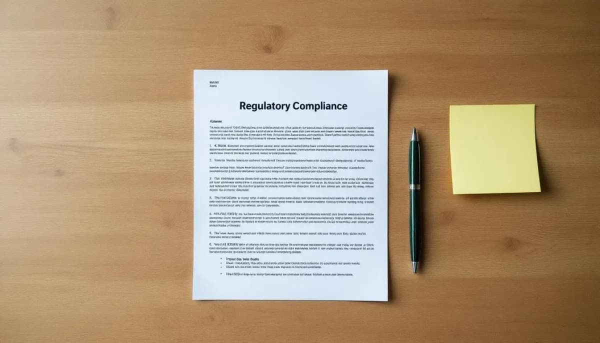Printed regulatory compliance document with highlighted paragraphs and a pen on a wooden meeting-room table