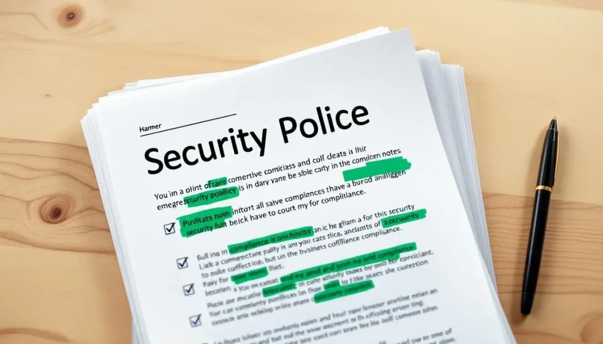 Overhead view of a printed compliance policy document with margin notes and a ballpoint pen on a meeting-room table
