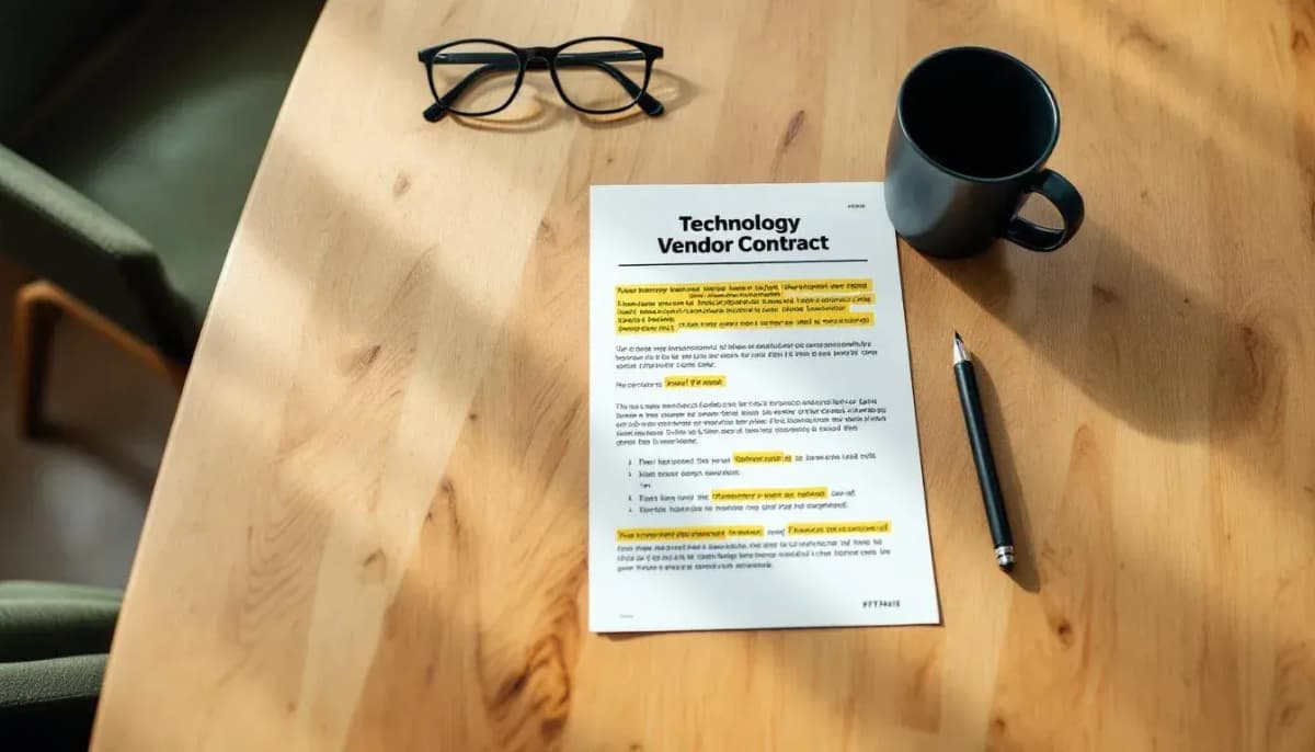Overhead view of a highlighted technology vendor contract, coffee mug, and mechanical pencil on a timber meeting-room table