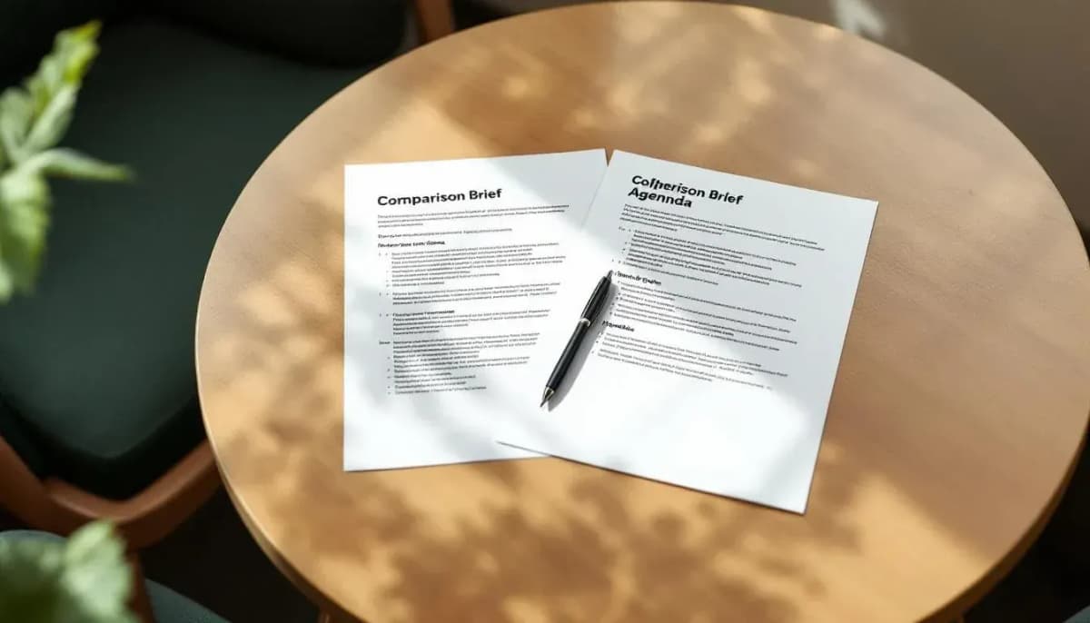 Overhead view of two printed documents and a pen on a wooden meeting room table