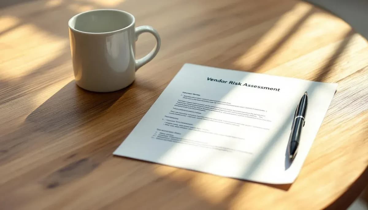 Printed vendor risk assessment document with a pen and coffee mug on a wooden meeting-room table