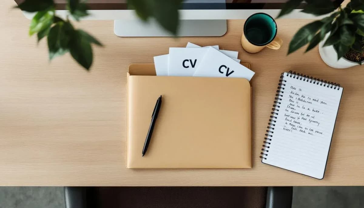 Printed CVs in a manila folder, a coffee mug, and a notepad with handwritten interview notes on a timber desk