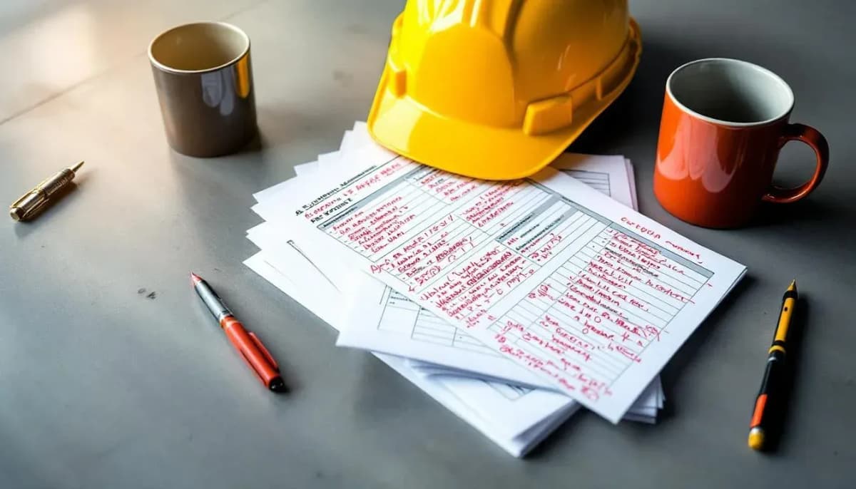 Stack of printed equipment maintenance reports with handwritten red pen annotations, a coffee mug, and a yellow hard hat on a grey metal desk