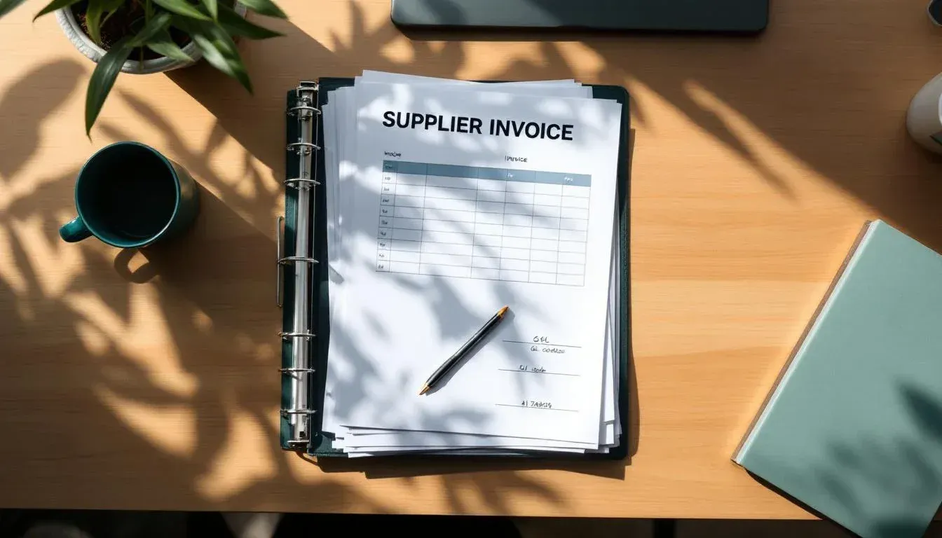 Overhead view of printed supplier invoices and an open GL code binder on a back-office desk