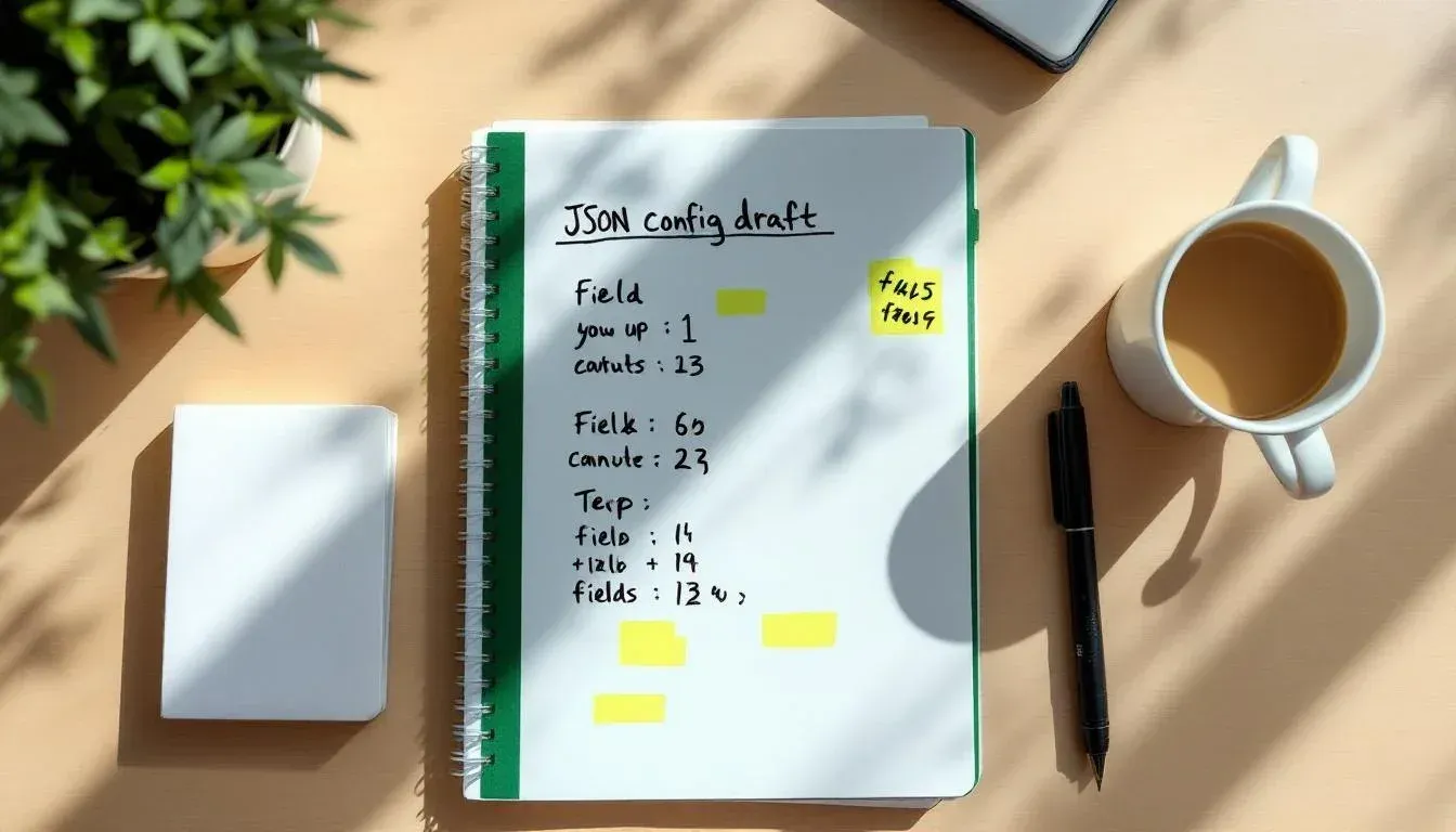 A printed settings.json config draft with highlighted fields, a notebook, and a coffee mug on a wooden desk