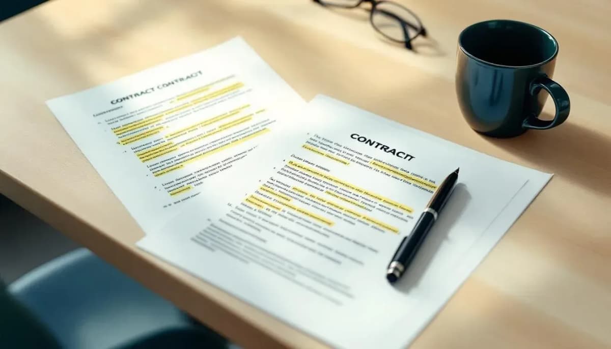 Printed contract pages with highlighted clauses, a ballpoint pen, and a coffee mug on a law firm meeting-room table