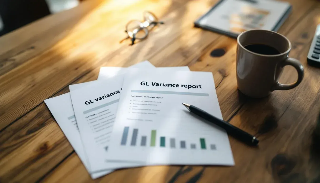 Printed general ledger variance reports spread across a meeting room table with a ballpoint pen and coffee mug