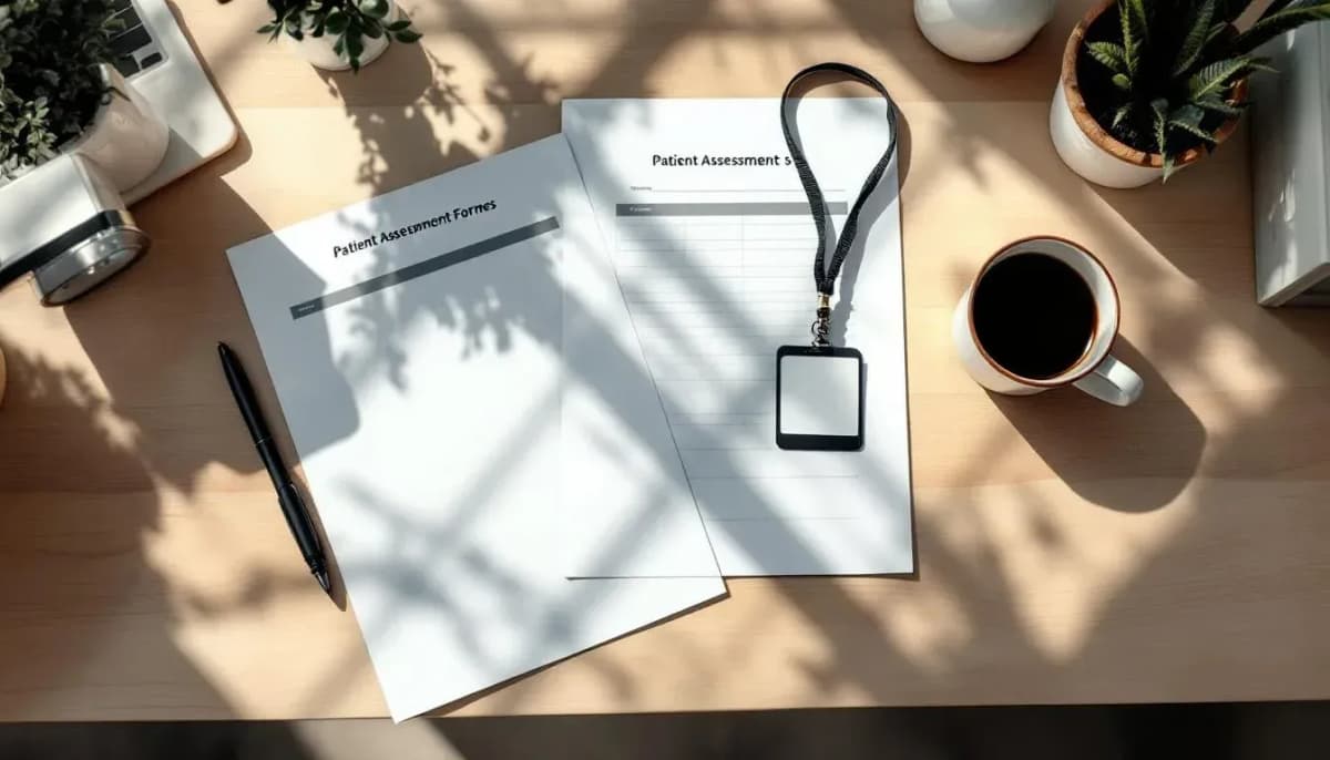 Overhead view of printed patient assessment forms, a ballpoint pen, a coffee mug, and a staff lanyard on a clinic desk
