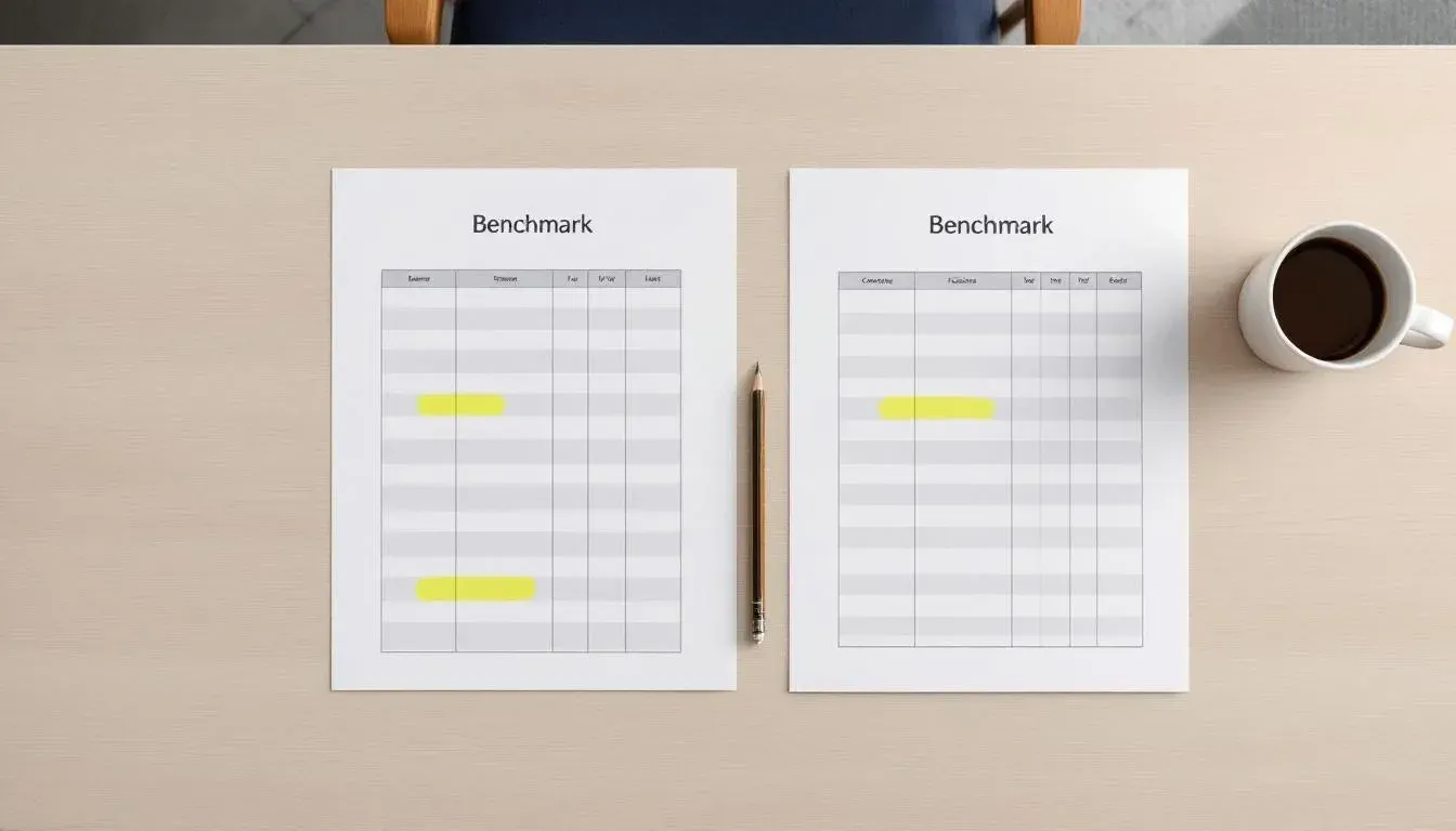 Printed embedding model benchmark sheets with yellow highlights and a mechanical pencil on a wooden meeting table