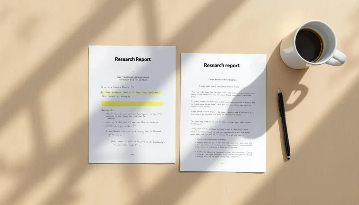 Two printed research reports side by side on a meeting table, one highlighted with handwritten margin notes, a pen and empty coffee cup nearby