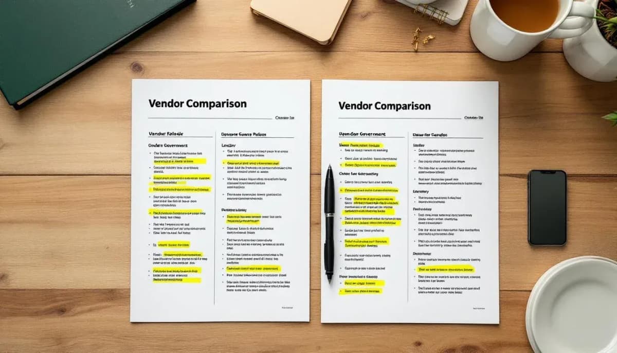 Two printed vendor comparison documents laid side by side on a desk, one covered in highlighter marks, a pen and policy folder visible
