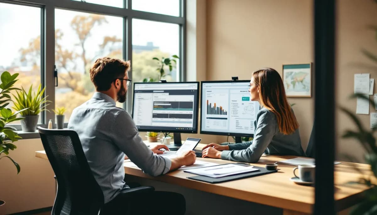 Two accountants reviewing tax return documents in a Sydney public practice office