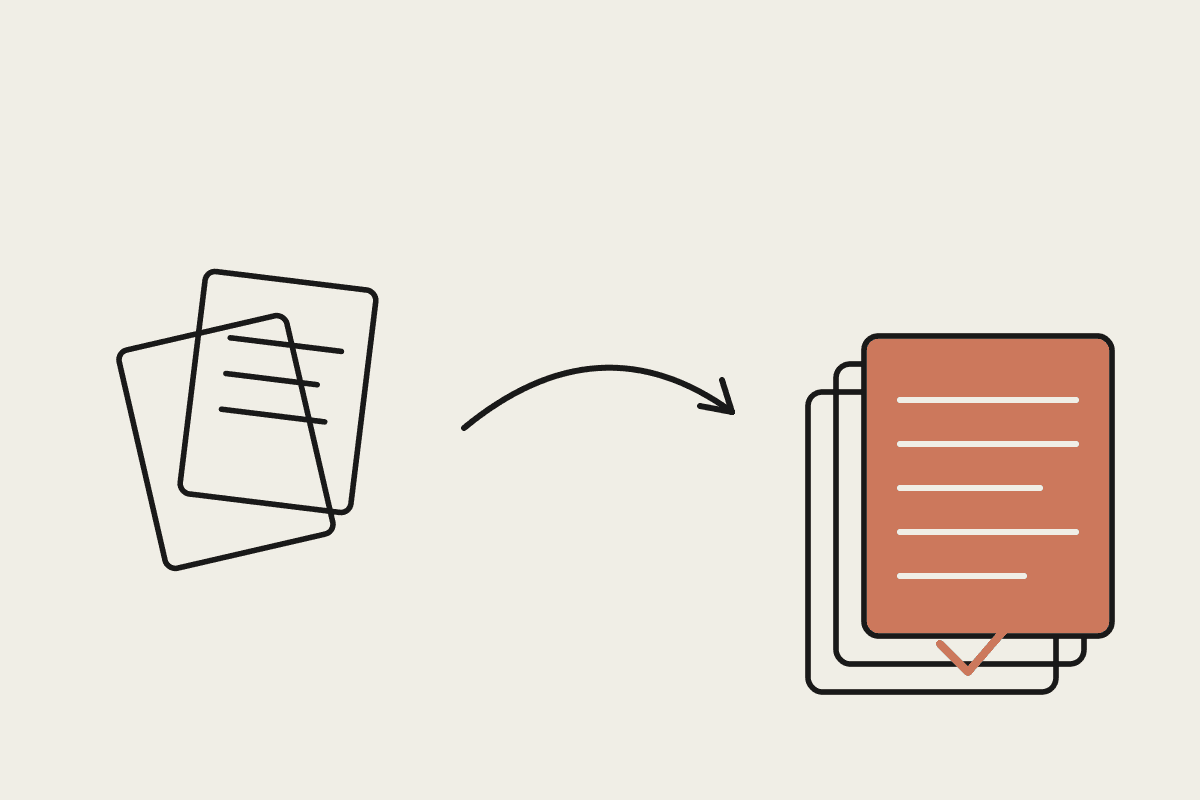 Scattered loose pages on the left transformed into a neat organised document stack with a terracotta top sheet and a tick