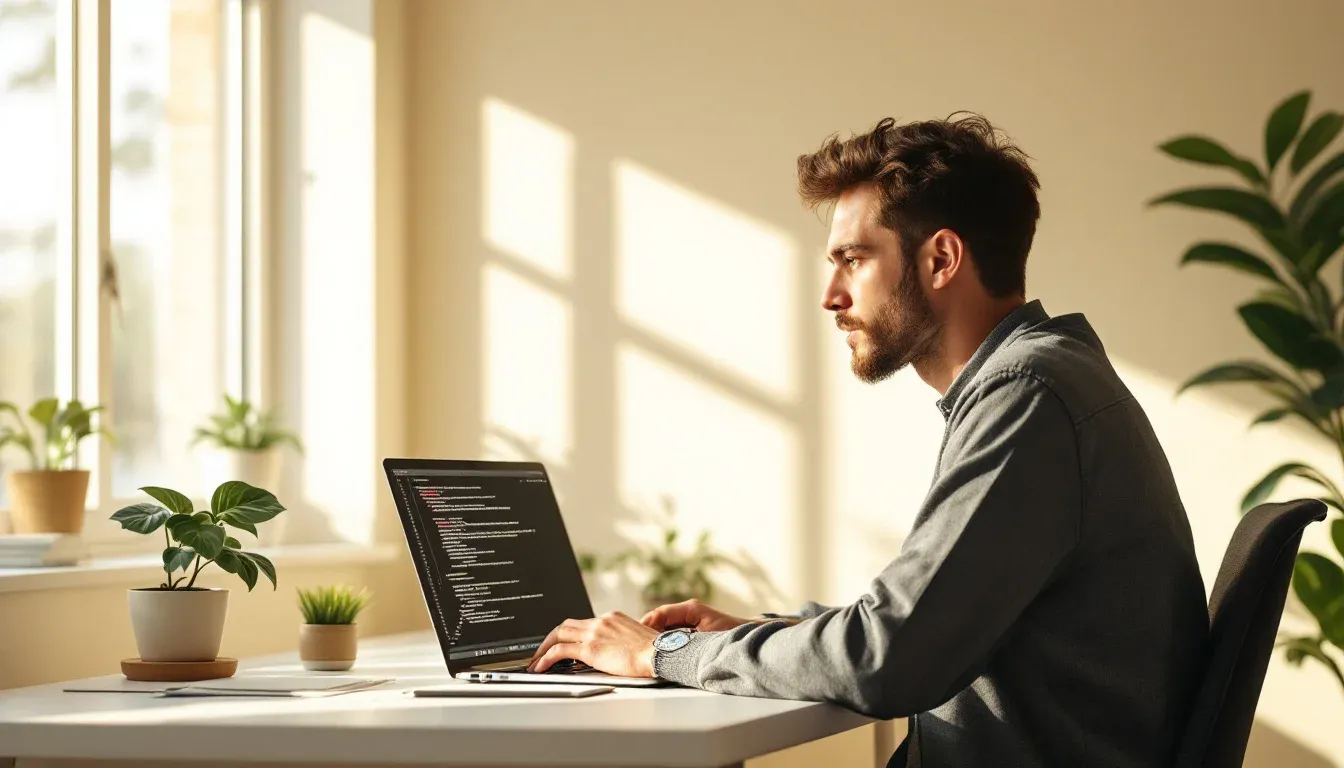 Developer working at a desk with a terminal on screen