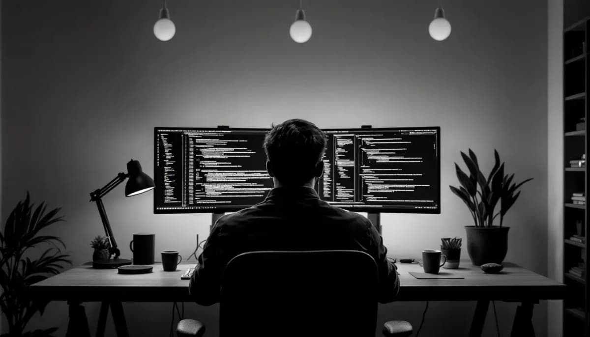 Software engineer reviewing code at a dual monitor desk at night