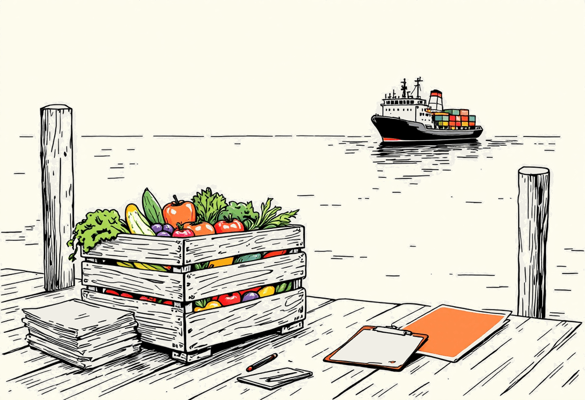 Hand-drawn cream illustration of a produce crate, export papers, and a cargo ship for Tasmanian agriculture