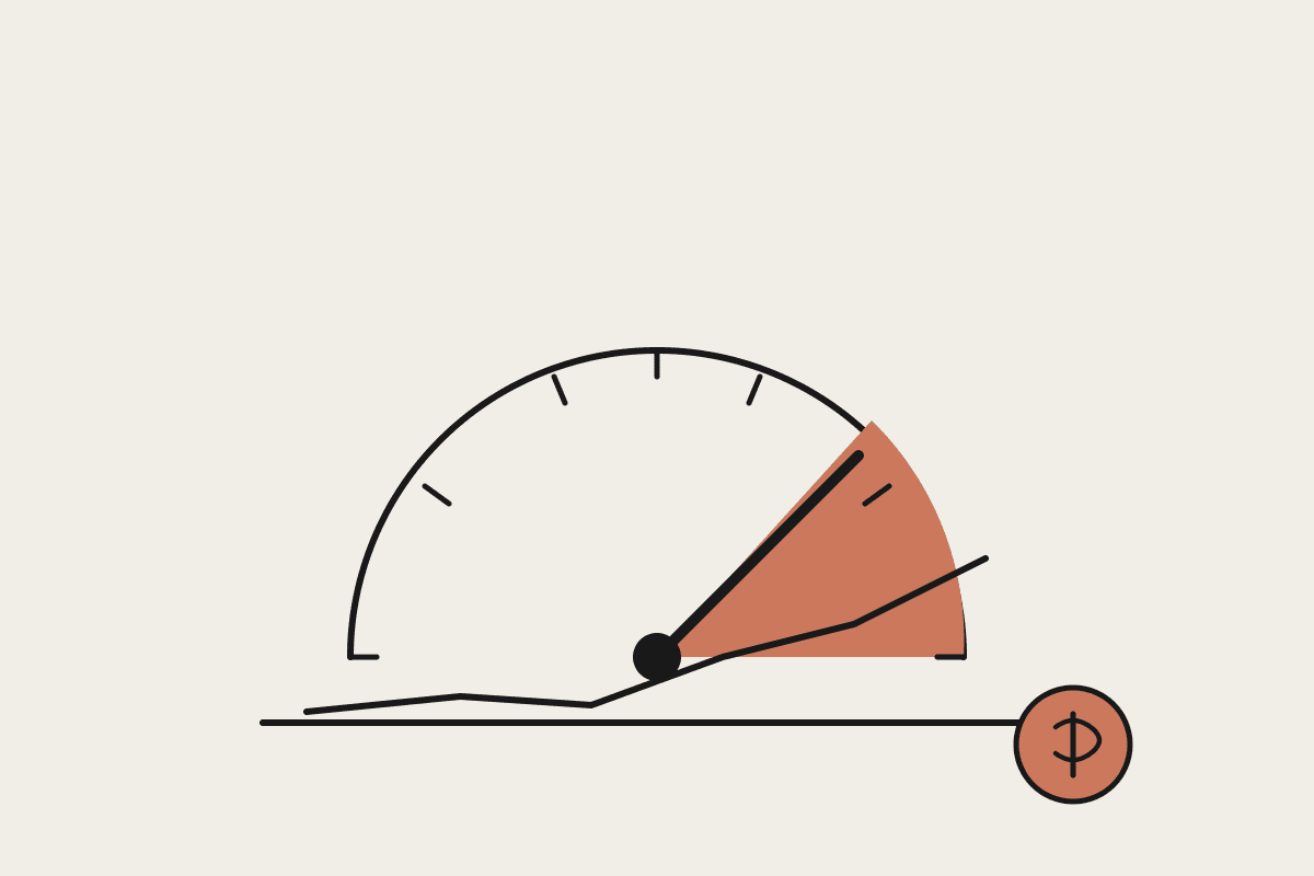 Terracotta gauge with a needle in the cost danger zone, sketched on cream paper.