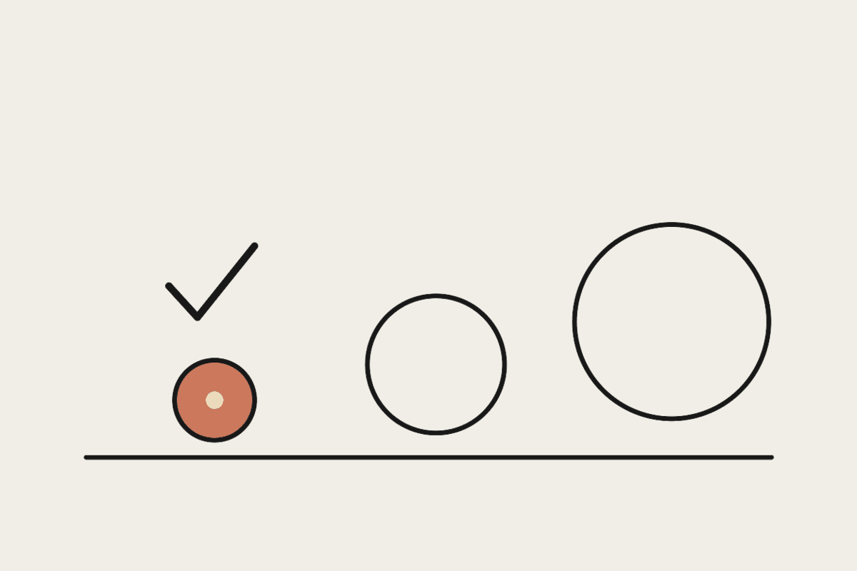 Three circles of increasing size on a baseline, the smallest filled terracotta and marked with a checkmark, representing choosing the right-sized model for the job