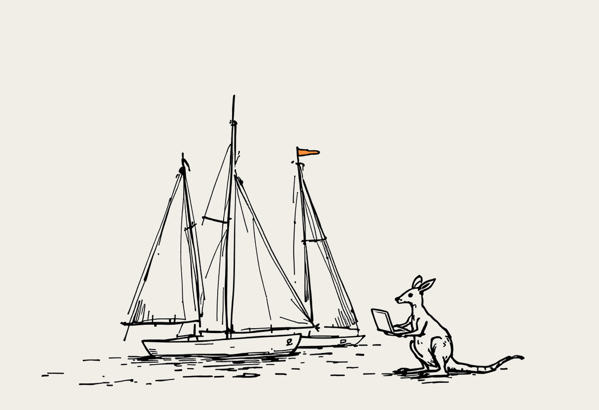 Hand-drawn illustration of three triangular sails with a small kangaroo holding a laptop