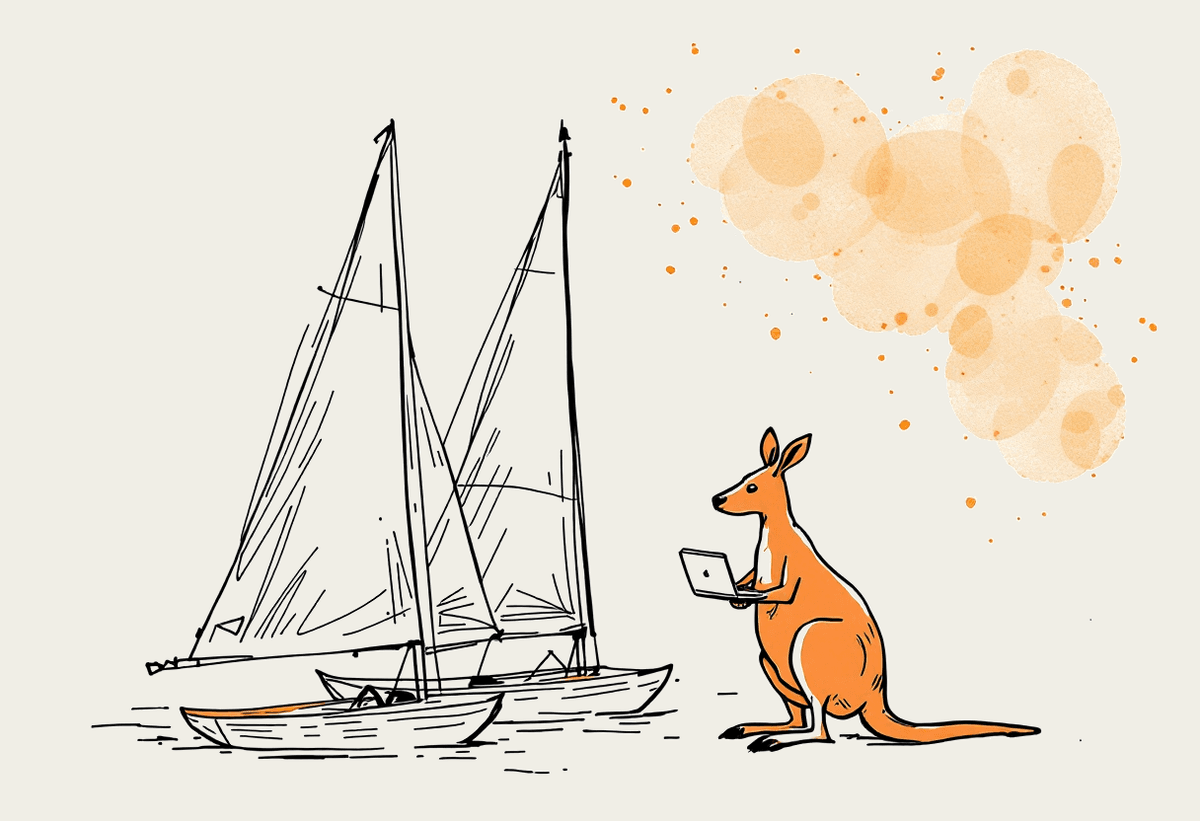 Hand-drawn illustration of triangular sails with a small kangaroo holding a laptop, representing Sydney businesses choosing an AI agent