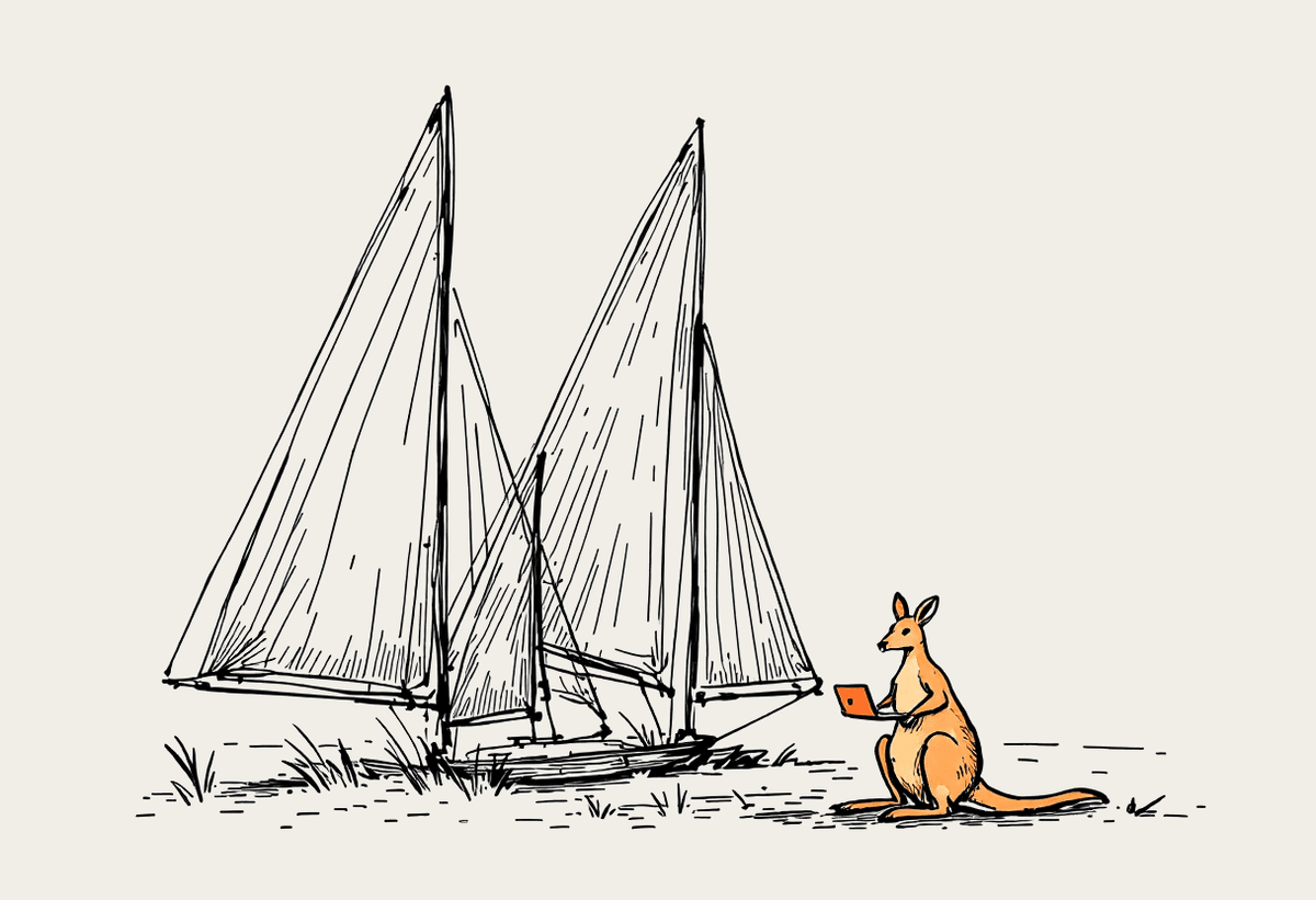 Hand-drawn illustration of three triangular sails with a small kangaroo holding a laptop