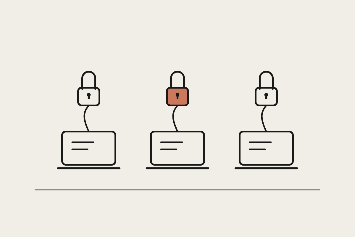 Three laptops each topped with their own individual padlock, symbolising separate Claude Code seats instead of one shared login.