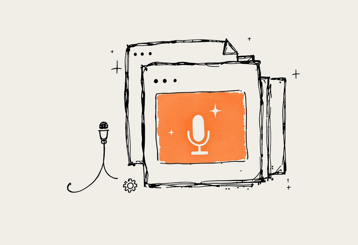 Hand drawn illustration of three connected Workspace document windows with voice and agent icons
