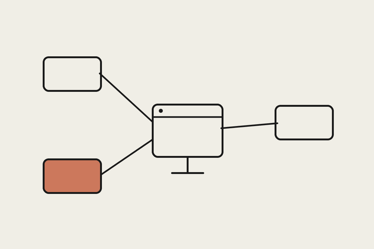 Three platform nodes connecting to a central desktop window, drawn in notebook style