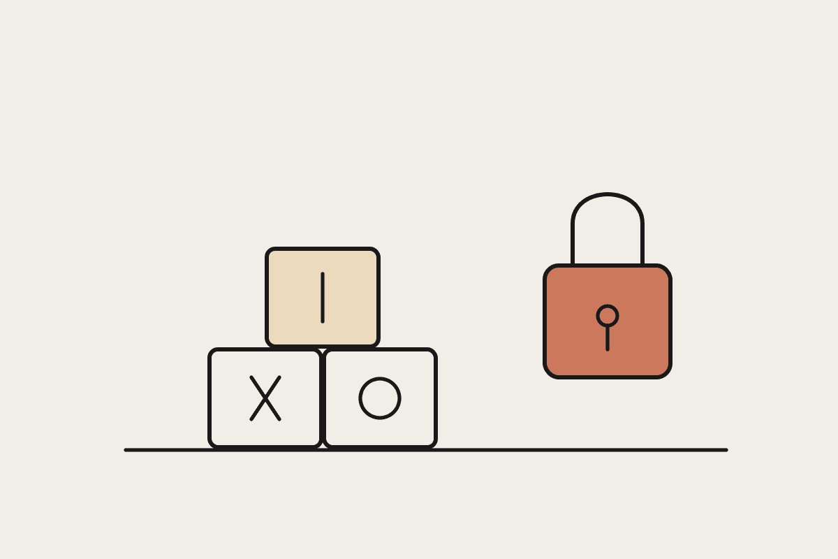 Three stacked toy building blocks beside a closed padlock, representing protected child data in early learning