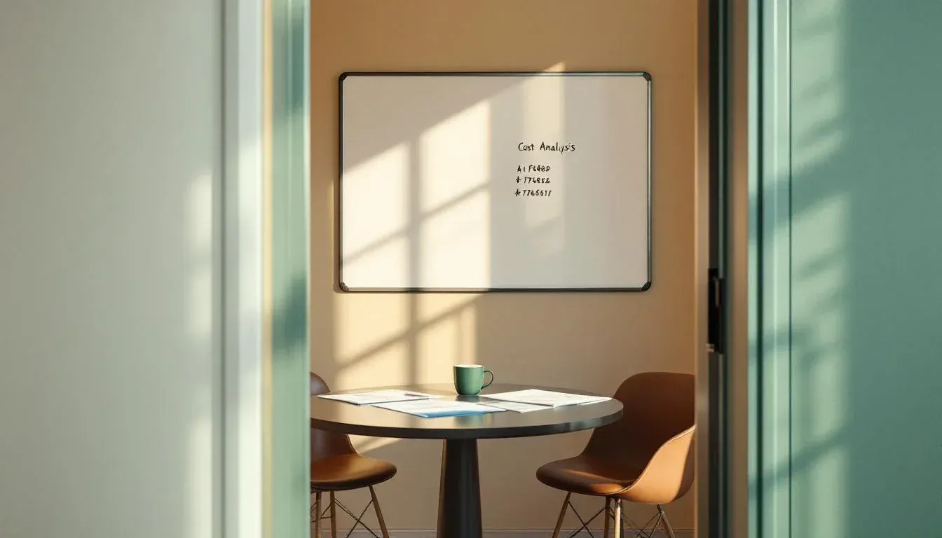 A meeting room viewed through a doorway, with printed cost analysis sheets on a round table and a two-column whiteboard visible in the background