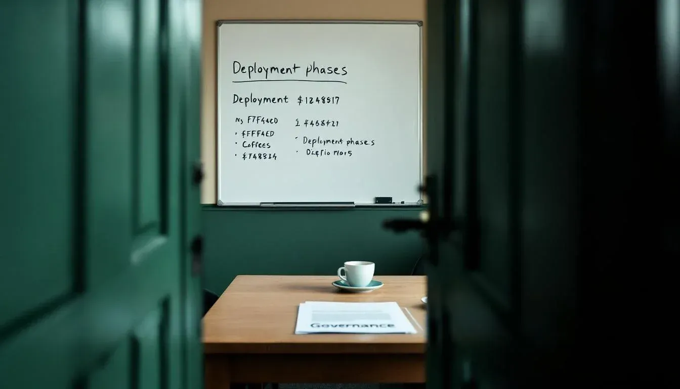 A Melbourne meeting room seen through a doorway, with a printed governance document, coffee cups, and a whiteboard showing deployment phases