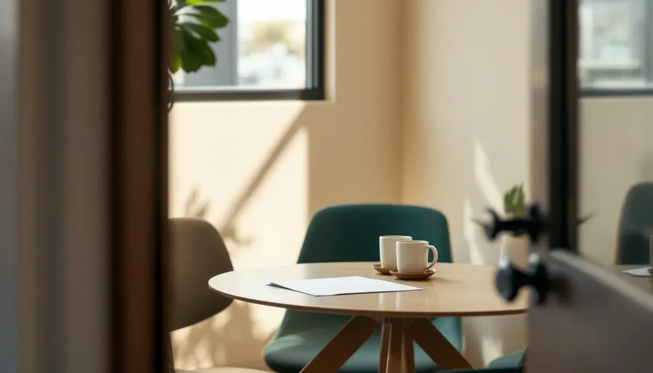 A Melbourne meeting room seen through a doorway, with two coffee mugs and a printed document on a round table