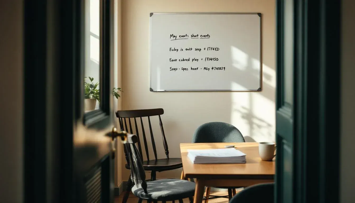 Meeting room with a whiteboard showing event labels and a printed spec sheet beside a coffee cup on the desk
