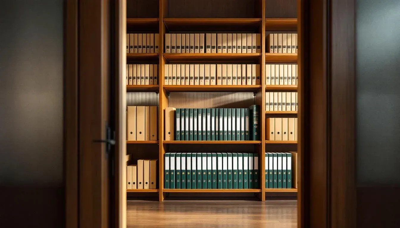 A financial firm's filing room viewed through a doorway, with deep timber shelves stacked with manila folders and bound annual reports