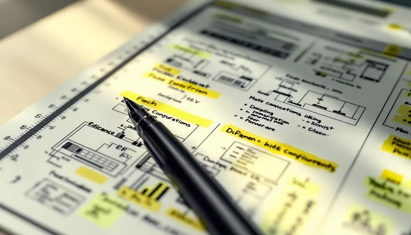 Printed configuration document with yellow highlight marks and handwritten notes, a ballpoint pen resting across the page on a wooden desk